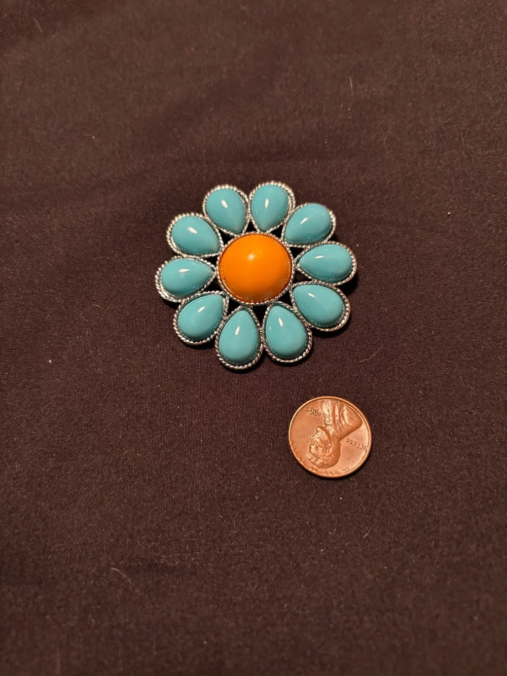 SILVER TONE TURQ YELLOW FLOWER PIN BROOCH UNBRANDED